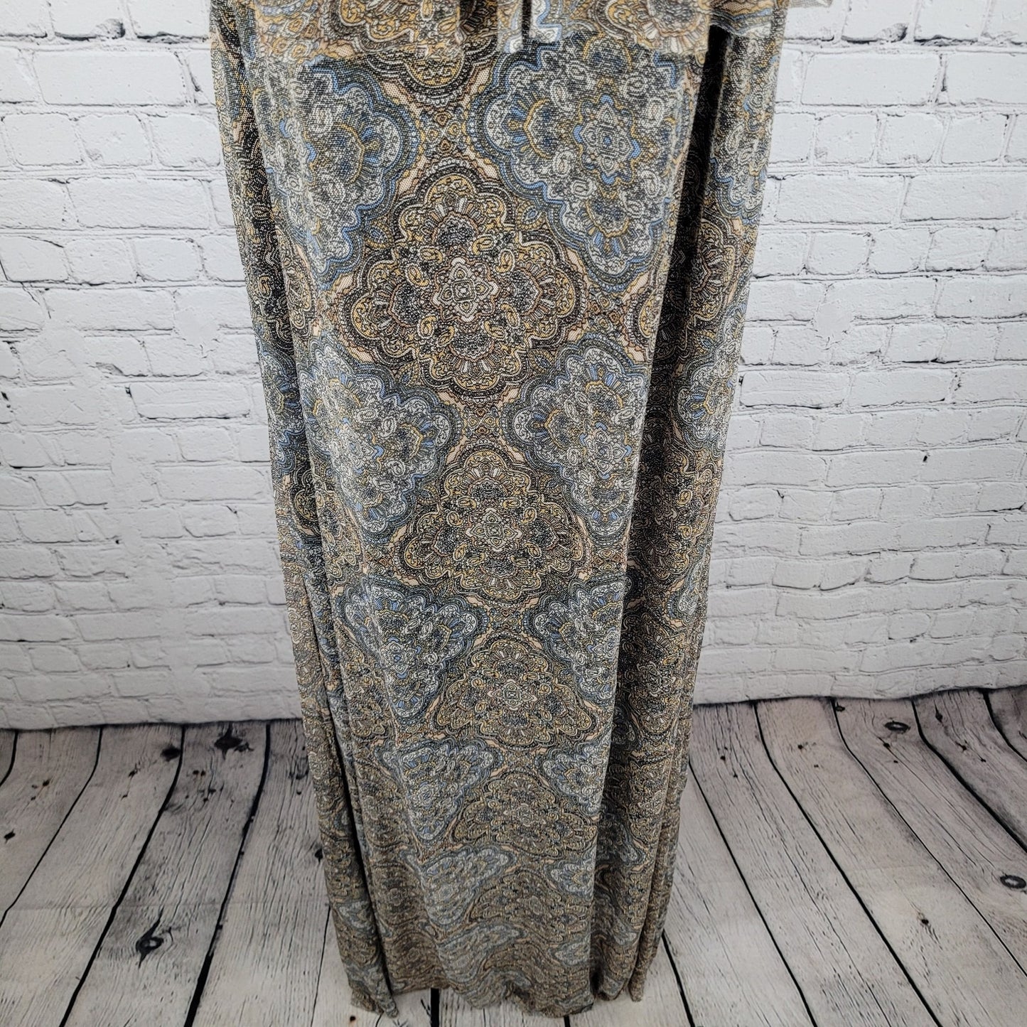 NWT Ellen Weaver Tan & Blue Print Off Shoulder Stretch Lined Maxi Dress Size 3X