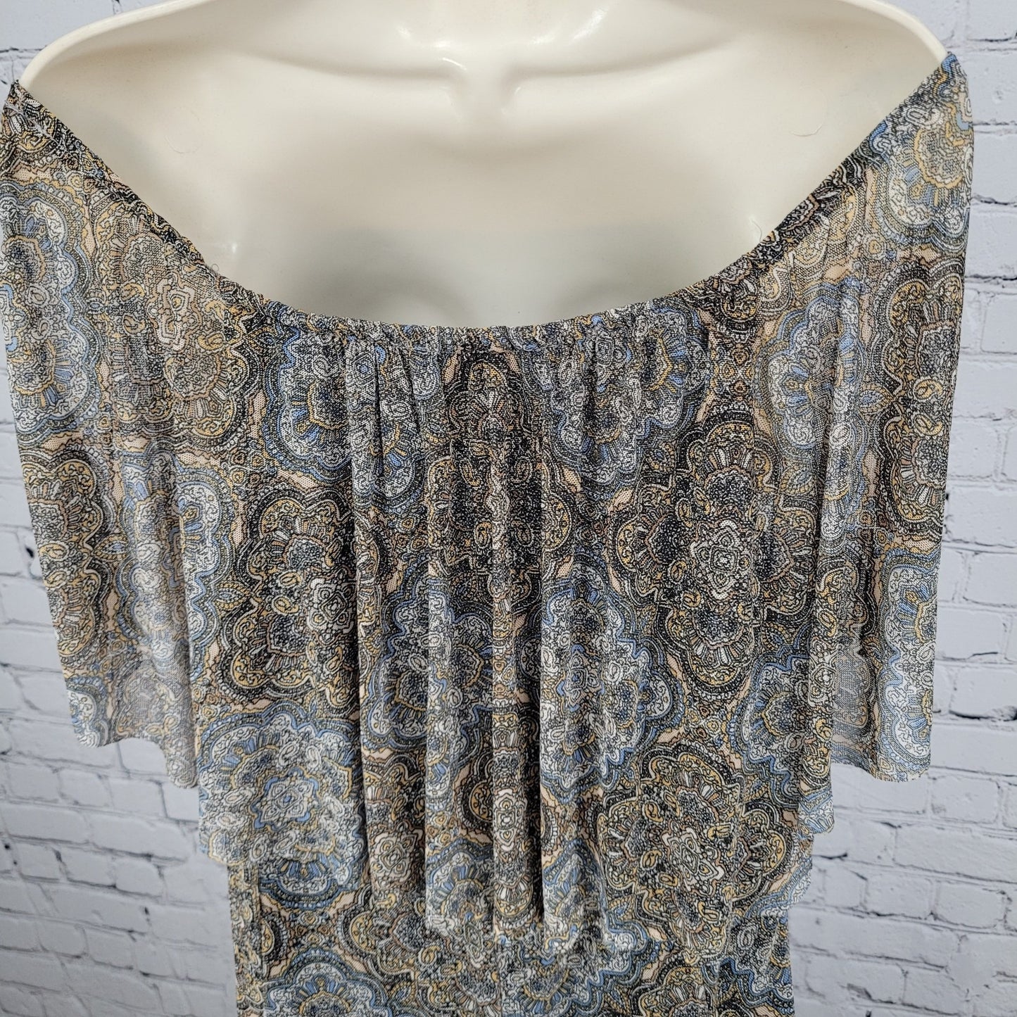 NWT Ellen Weaver Tan & Blue Print Off Shoulder Stretch Lined Maxi Dress Size 3X