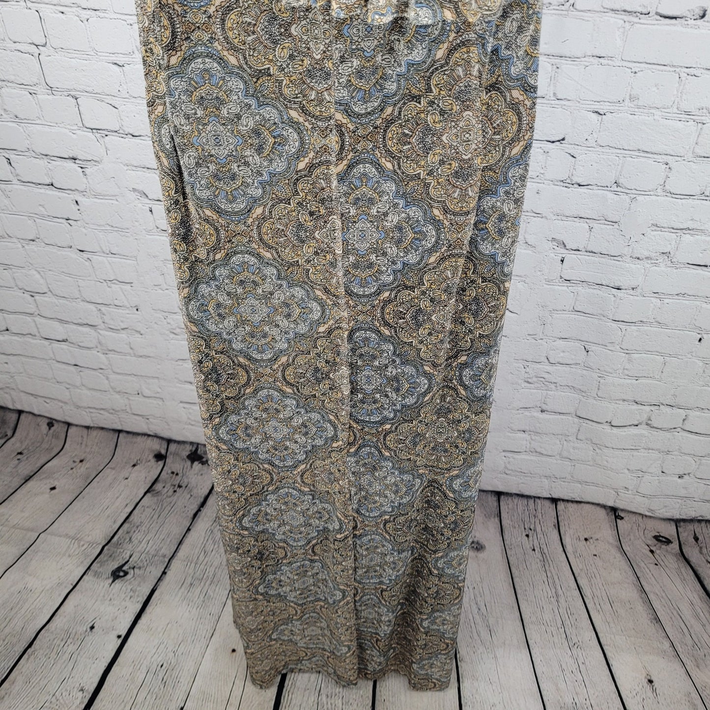 NWT Ellen Weaver Tan & Blue Print Off Shoulder Stretch Lined Maxi Dress Size 3X