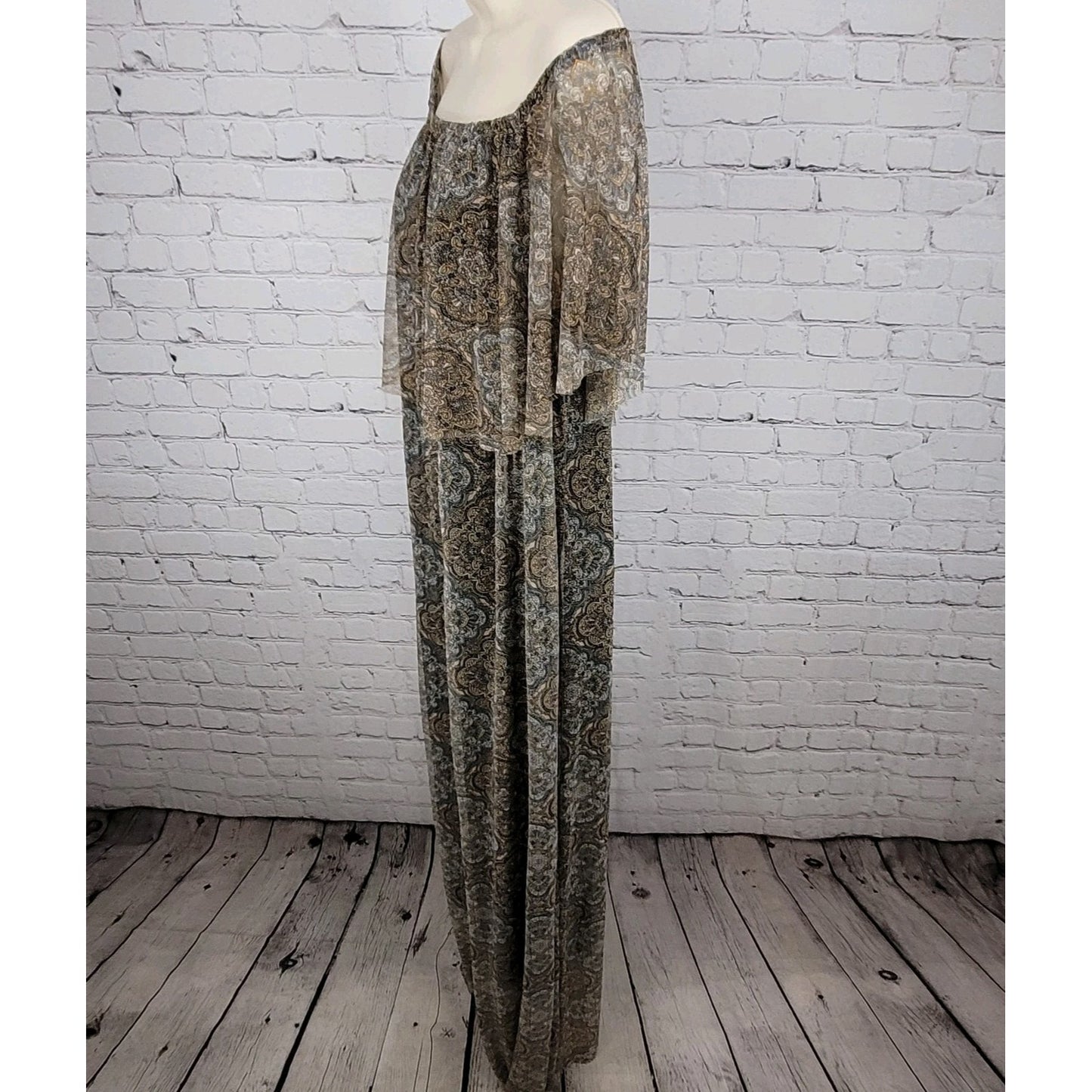 NWT Ellen Weaver Tan & Blue Print Off Shoulder Stretch Lined Maxi Dress Size 3X