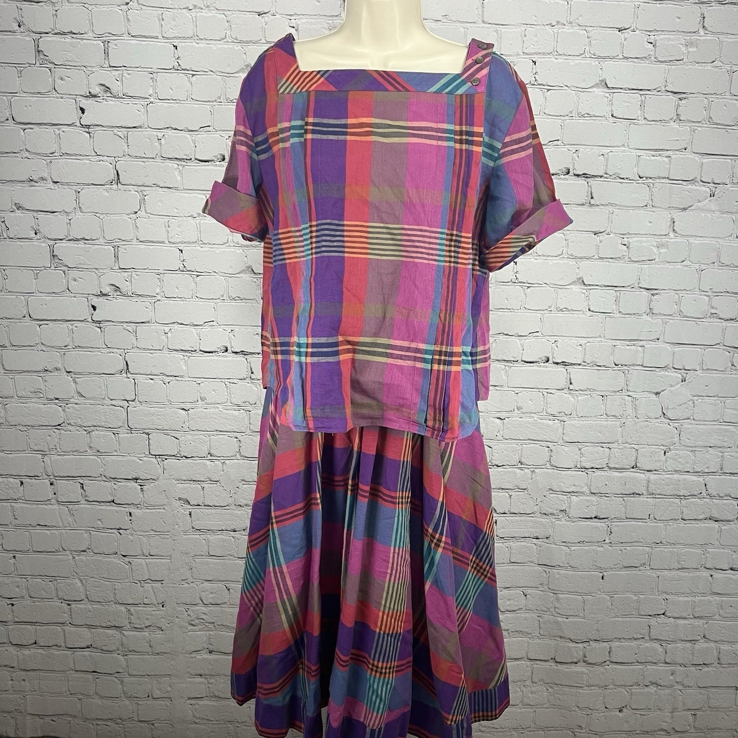 VTG Liz Claiborne Pink Purple Plaid Linen Blend 2 Piece Set Blouse Skirt Size 12