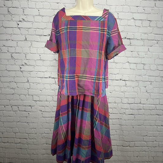 VTG Liz Claiborne Pink Purple Plaid Linen Blend 2 Piece Set Blouse Skirt Size 12
