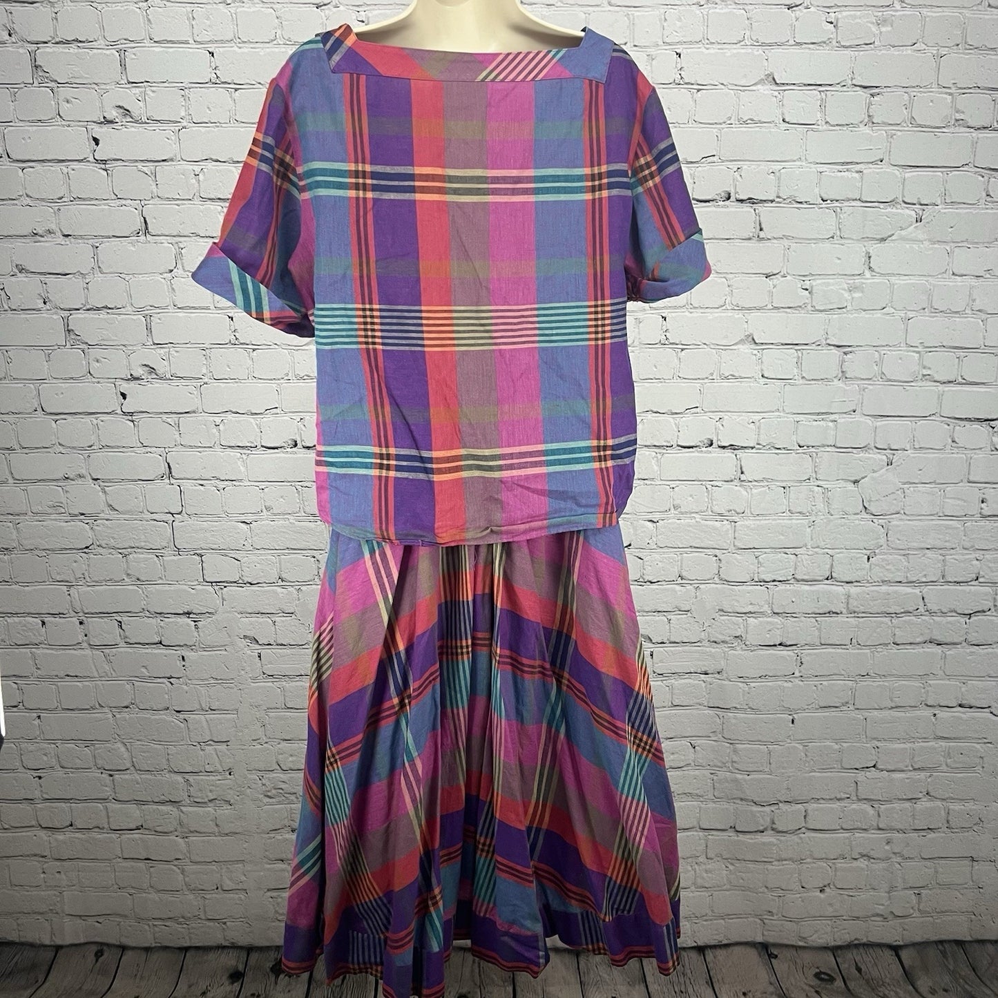 VTG Liz Claiborne Pink Purple Plaid Linen Blend 2 Piece Set Blouse Skirt Size 12