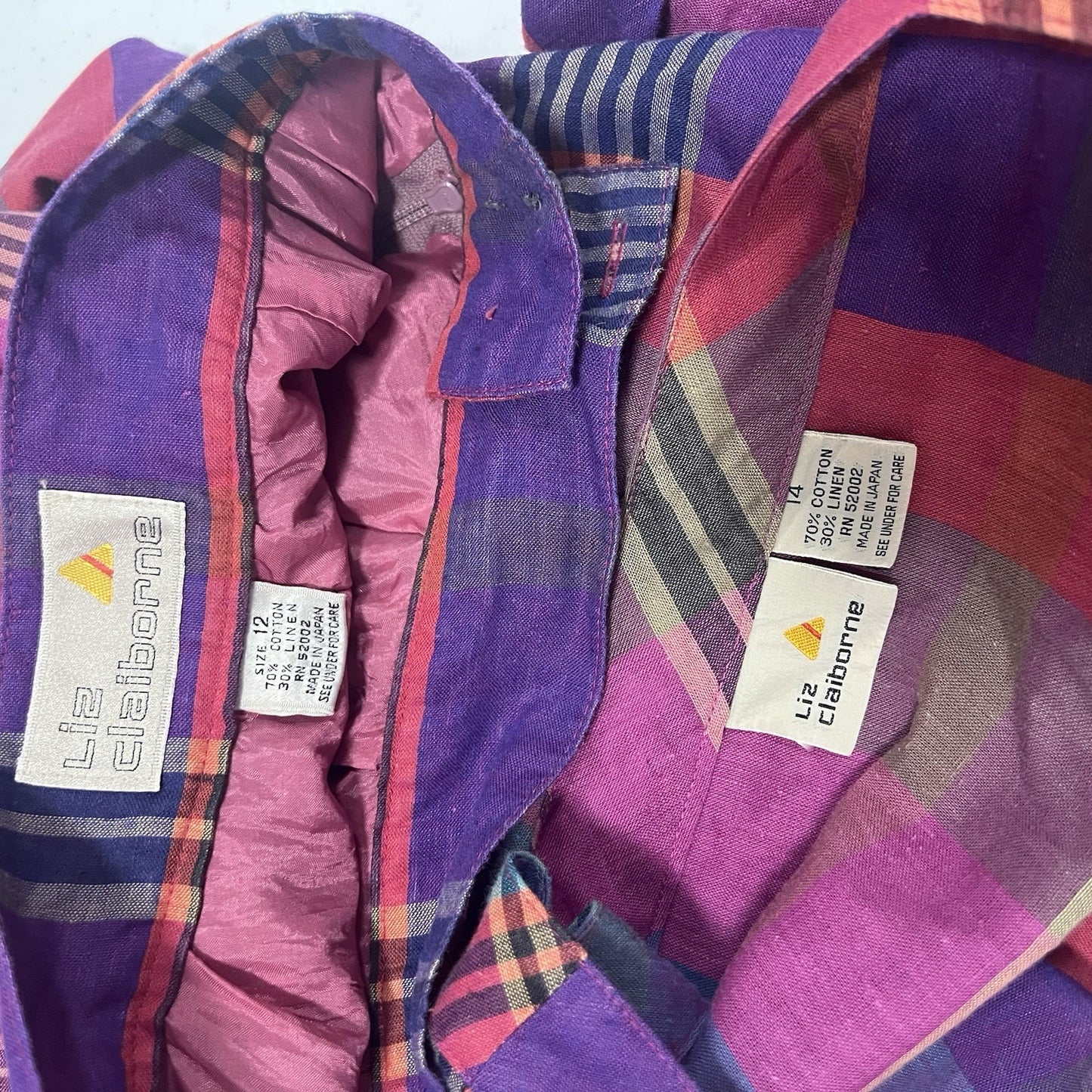 VTG Liz Claiborne Pink Purple Plaid Linen Blend 2 Piece Set Blouse Skirt Size 12