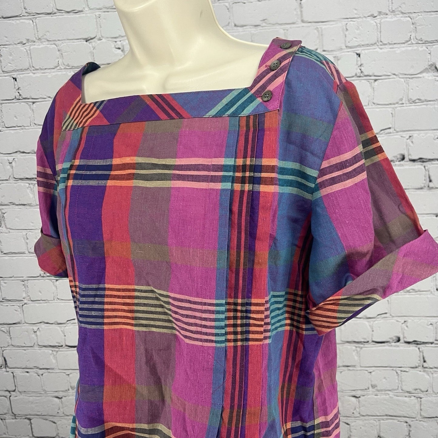 VTG Liz Claiborne Pink Purple Plaid Linen Blend 2 Piece Set Blouse Skirt Size 12