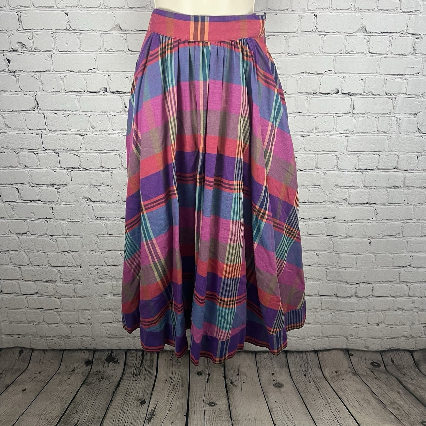 VTG Liz Claiborne Pink Purple Plaid Linen Blend 2 Piece Set Blouse Skirt Size 12