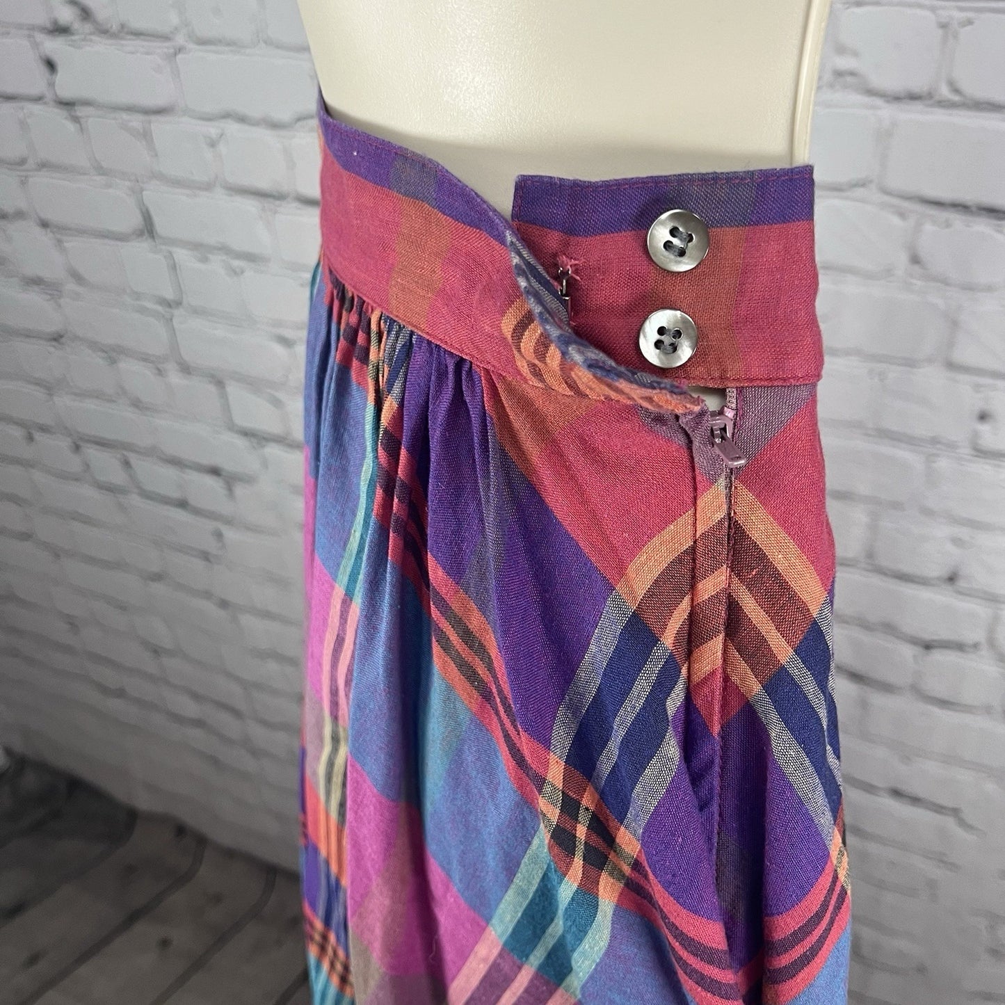VTG Liz Claiborne Pink Purple Plaid Linen Blend 2 Piece Set Blouse Skirt Size 12