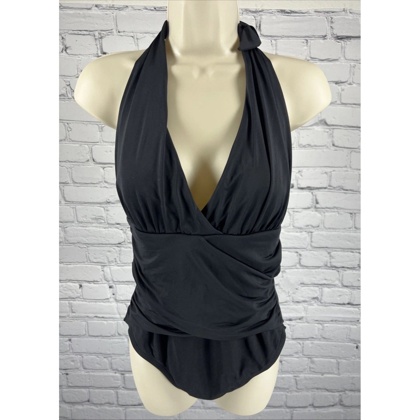 La Blanca Black Ruched Halter Lined Slimming Lightly Padded 1 Piece Swimsuit 14