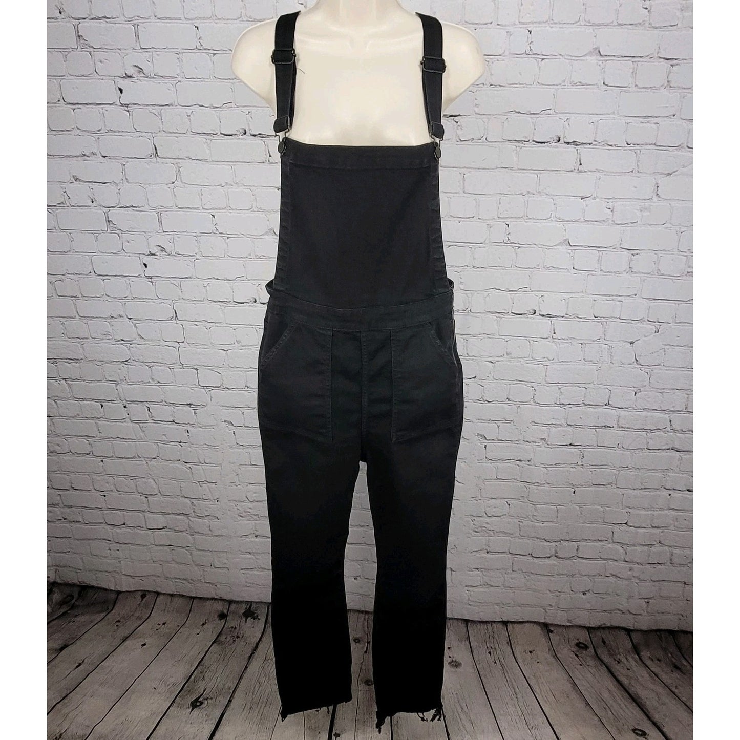 Madewell Black Denim Raw Hem Straight Leg Side Zip Jean Overalls Jumper Large L