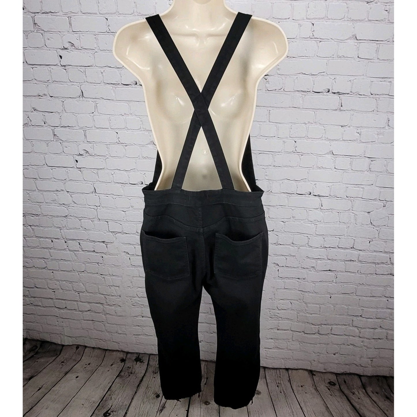 Madewell Black Denim Raw Hem Straight Leg Side Zip Jean Overalls Jumper Large L