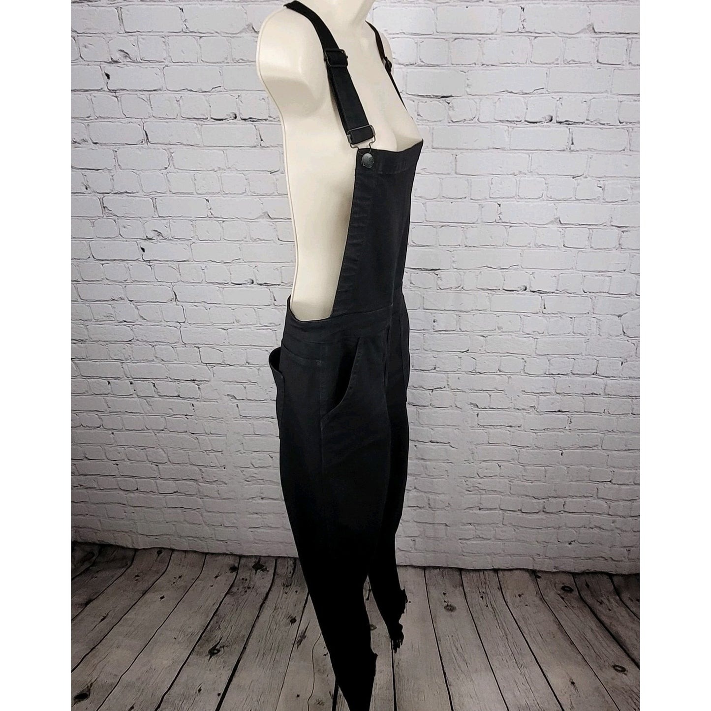 Madewell Black Denim Raw Hem Straight Leg Side Zip Jean Overalls Jumper Large L