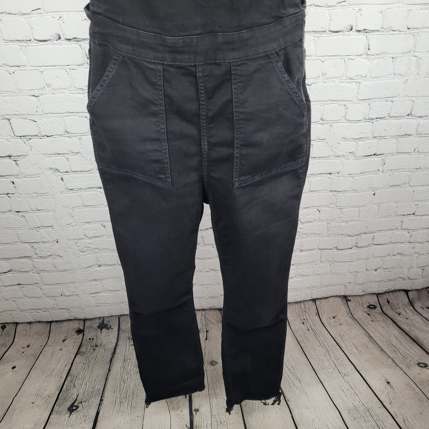 Madewell Black Denim Raw Hem Straight Leg Side Zip Jean Overalls Jumper Large L