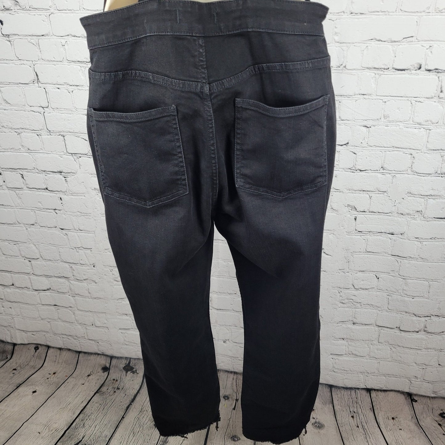 Madewell Black Denim Raw Hem Straight Leg Side Zip Jean Overalls Jumper Large L