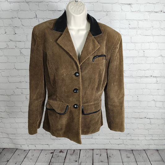 VTG Morgan Taylor Corduroy Black Leather Trim Lined Blazer Women's Size 10