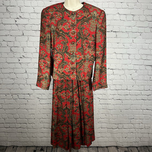 VTG Evan Picone Red Floral 2 Piece Skirt Suit Midi Pleated Full Skirt Blazer 12
