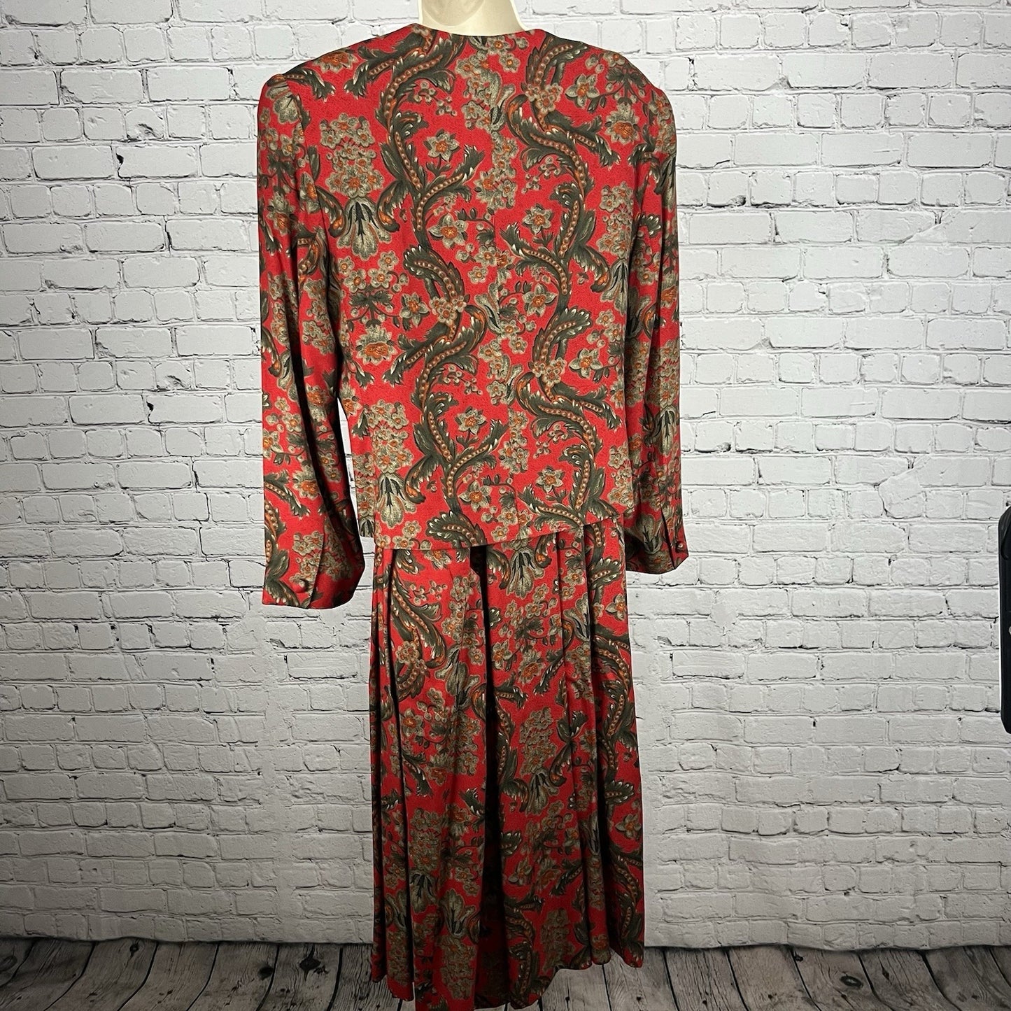 VTG Evan Picone Red Floral 2 Piece Skirt Suit Midi Pleated Full Skirt Blazer 12