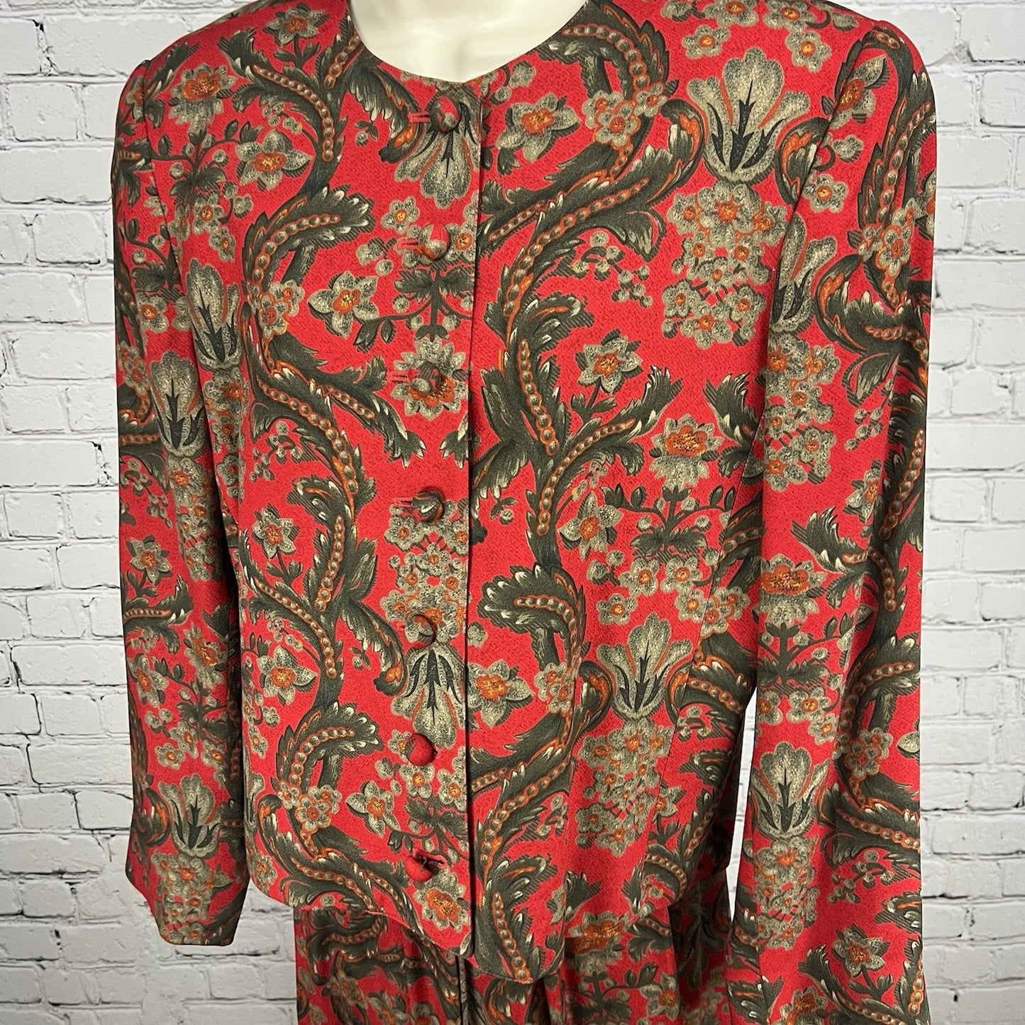 VTG Evan Picone Red Floral 2 Piece Skirt Suit Midi Pleated Full Skirt Blazer 12