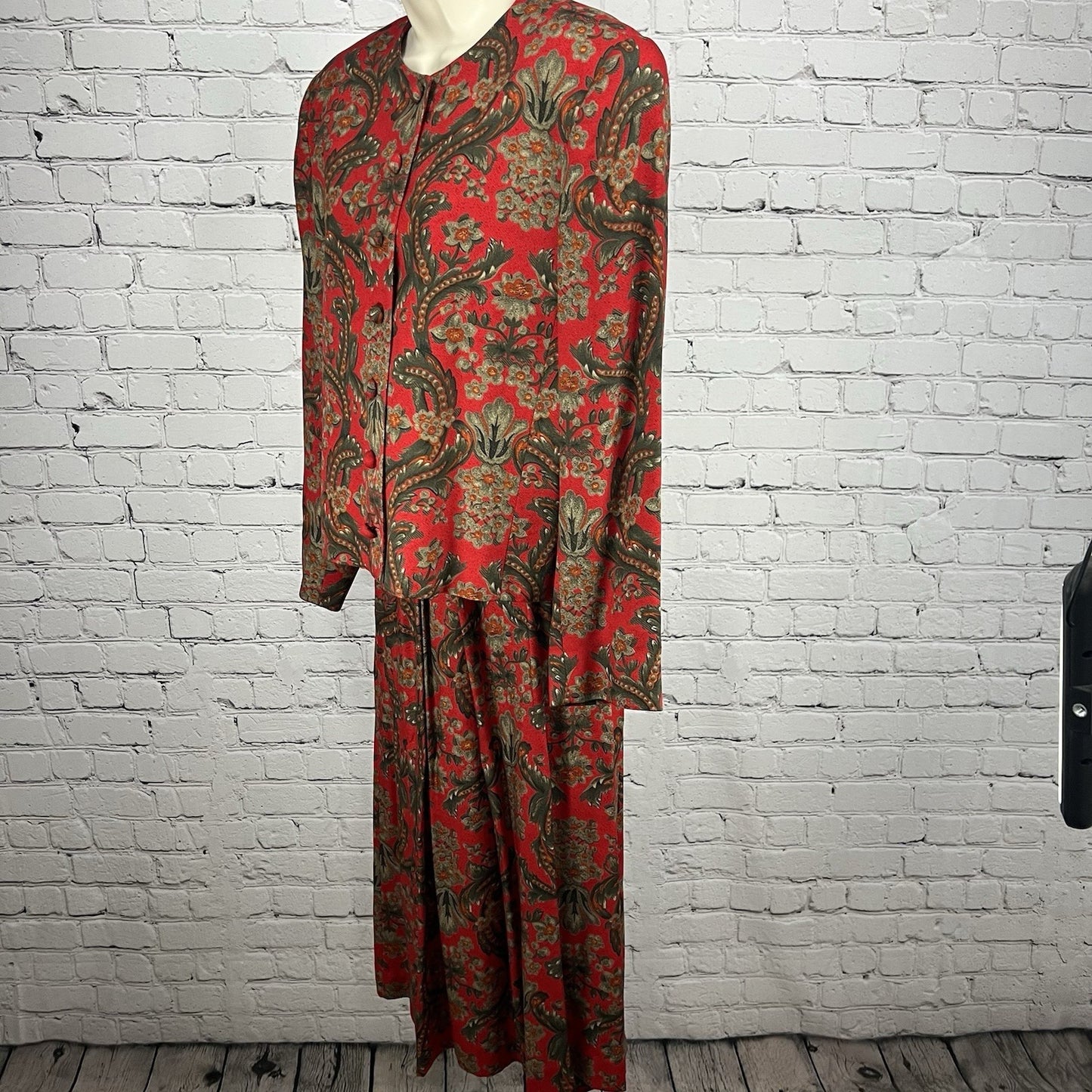 VTG Evan Picone Red Floral 2 Piece Skirt Suit Midi Pleated Full Skirt Blazer 12