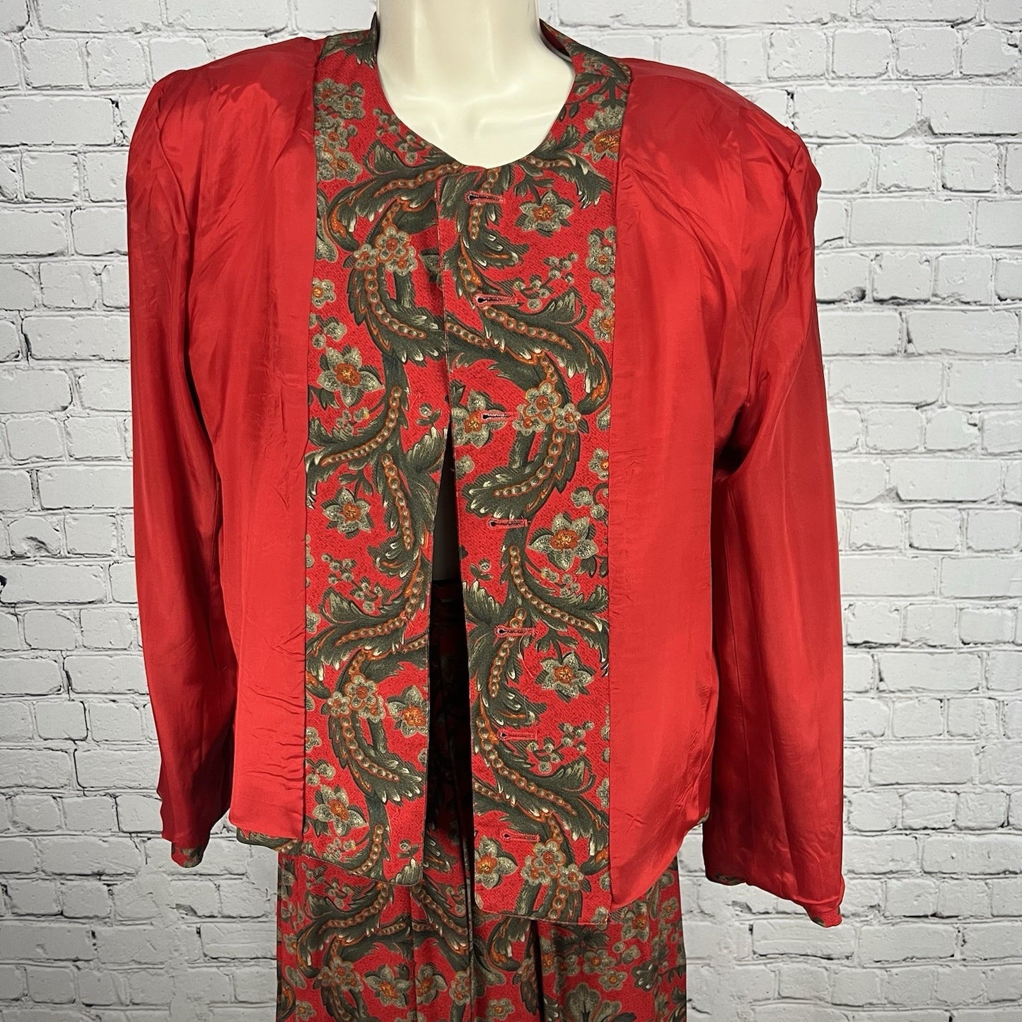 VTG Evan Picone Red Floral 2 Piece Skirt Suit Midi Pleated Full Skirt Blazer 12