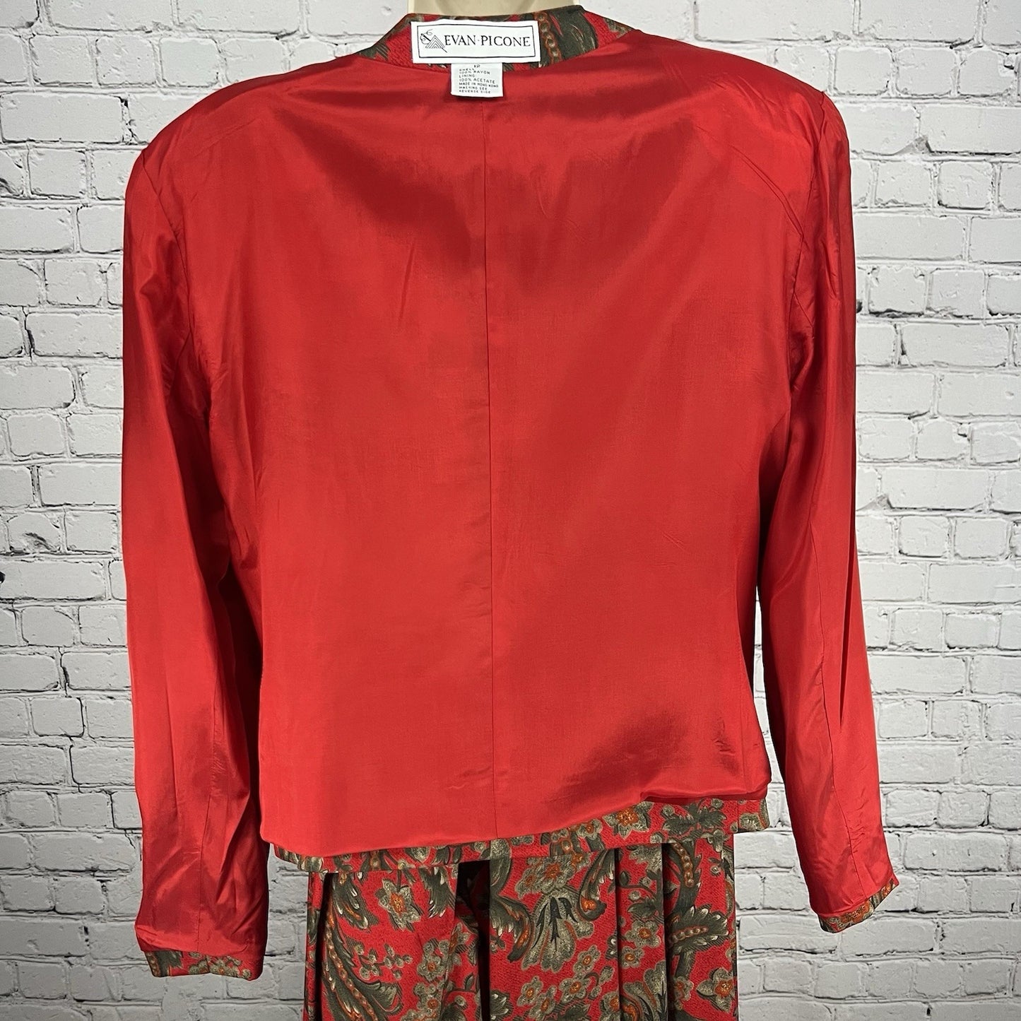 VTG Evan Picone Red Floral 2 Piece Skirt Suit Midi Pleated Full Skirt Blazer 12