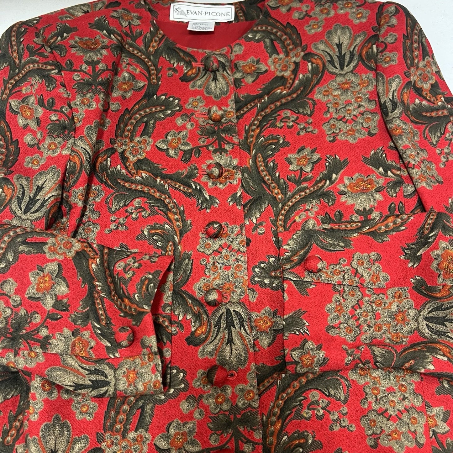VTG Evan Picone Red Floral 2 Piece Skirt Suit Midi Pleated Full Skirt Blazer 12