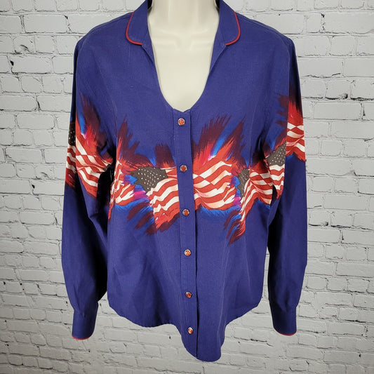 VTG Panhandle Slim Blue American Flag USA Snap Long Sleeve Shirt Size Medium M