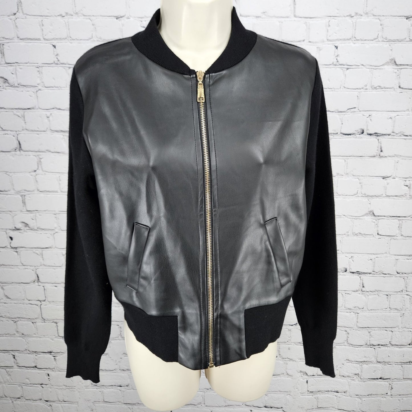 NWT Sioni Black Faux Leather Front Gold Zip Knit Unlined Lightweight Jacket XS