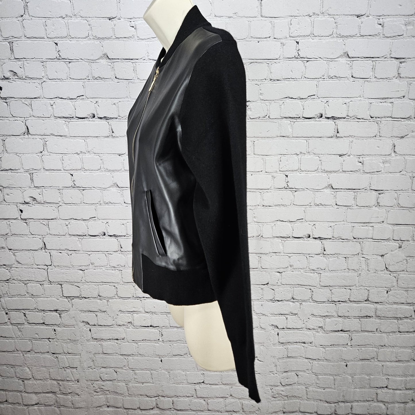NWT Sioni Black Faux Leather Front Gold Zip Knit Unlined Lightweight Jacket XS