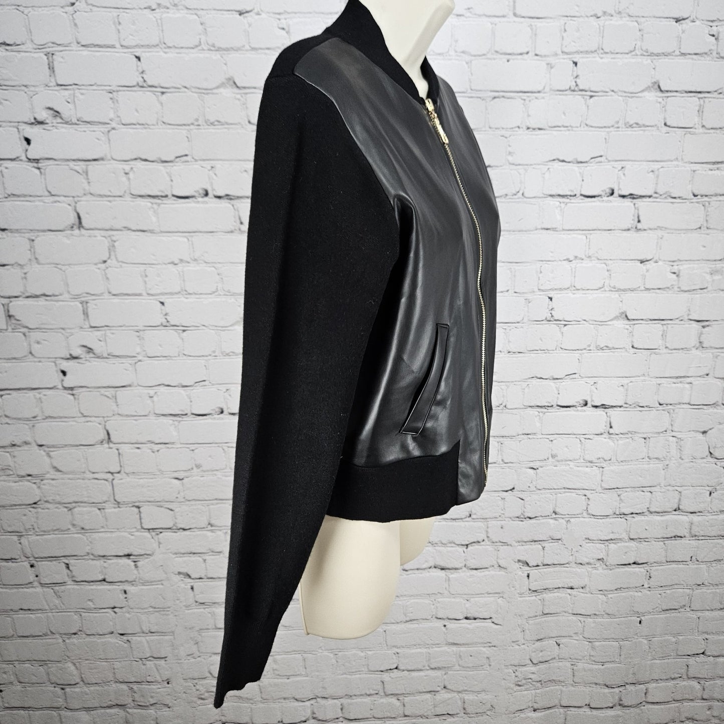 NWT Sioni Black Faux Leather Front Gold Zip Knit Unlined Lightweight Jacket XS