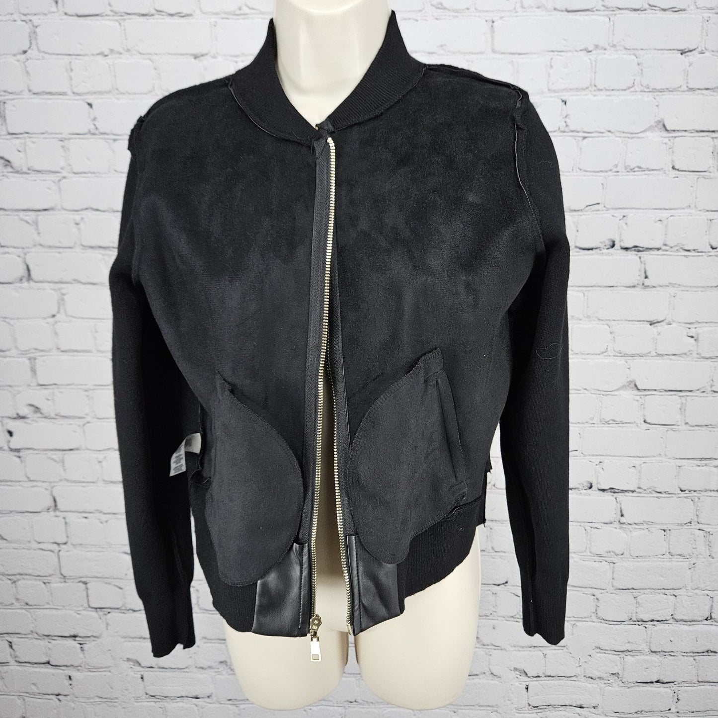 NWT Sioni Black Faux Leather Front Gold Zip Knit Unlined Lightweight Jacket XS