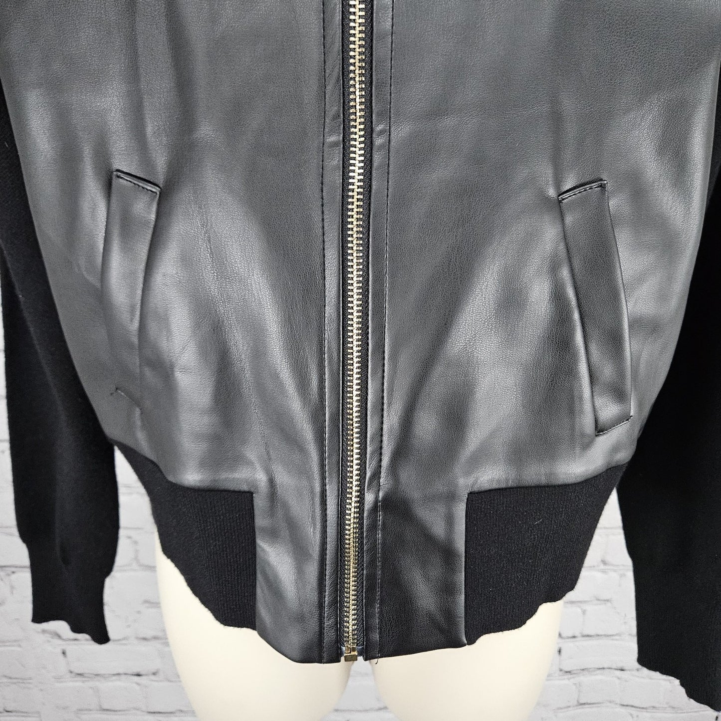 NWT Sioni Black Faux Leather Front Gold Zip Knit Unlined Lightweight Jacket XS