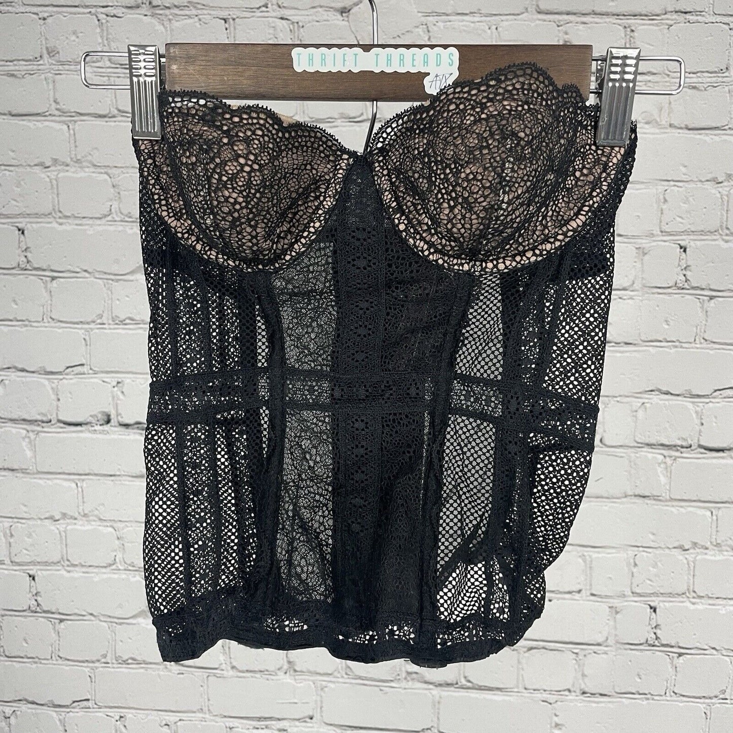 Victoria’s Secret Black Lace Mesh Wired Boned Balconette Bra Corset Size 32B