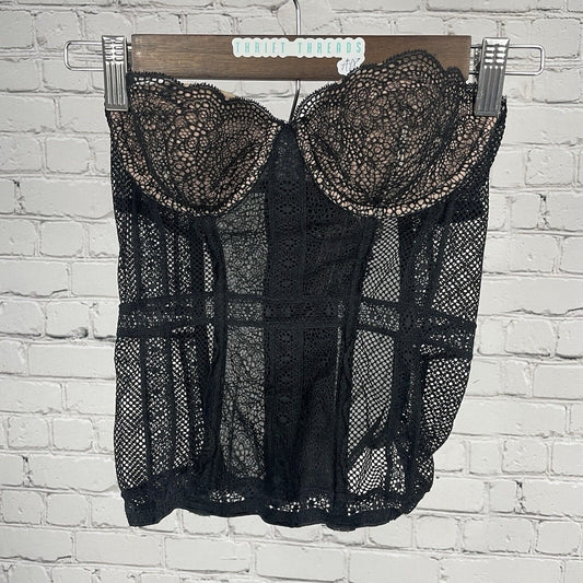 Victoria’s Secret Black Lace Mesh Wired Boned Balconette Bra Corset Size 32B