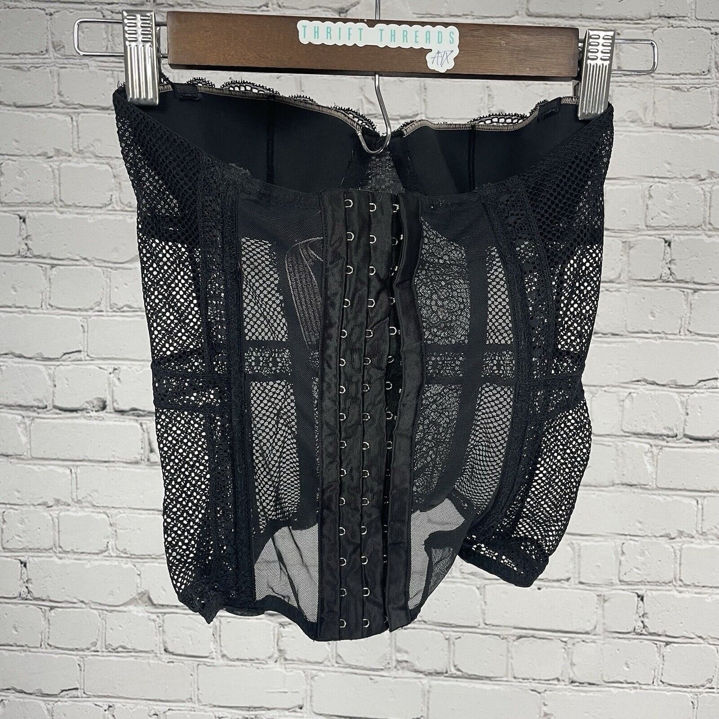 Victoria’s Secret Black Lace Mesh Wired Boned Balconette Bra Corset Size 32B