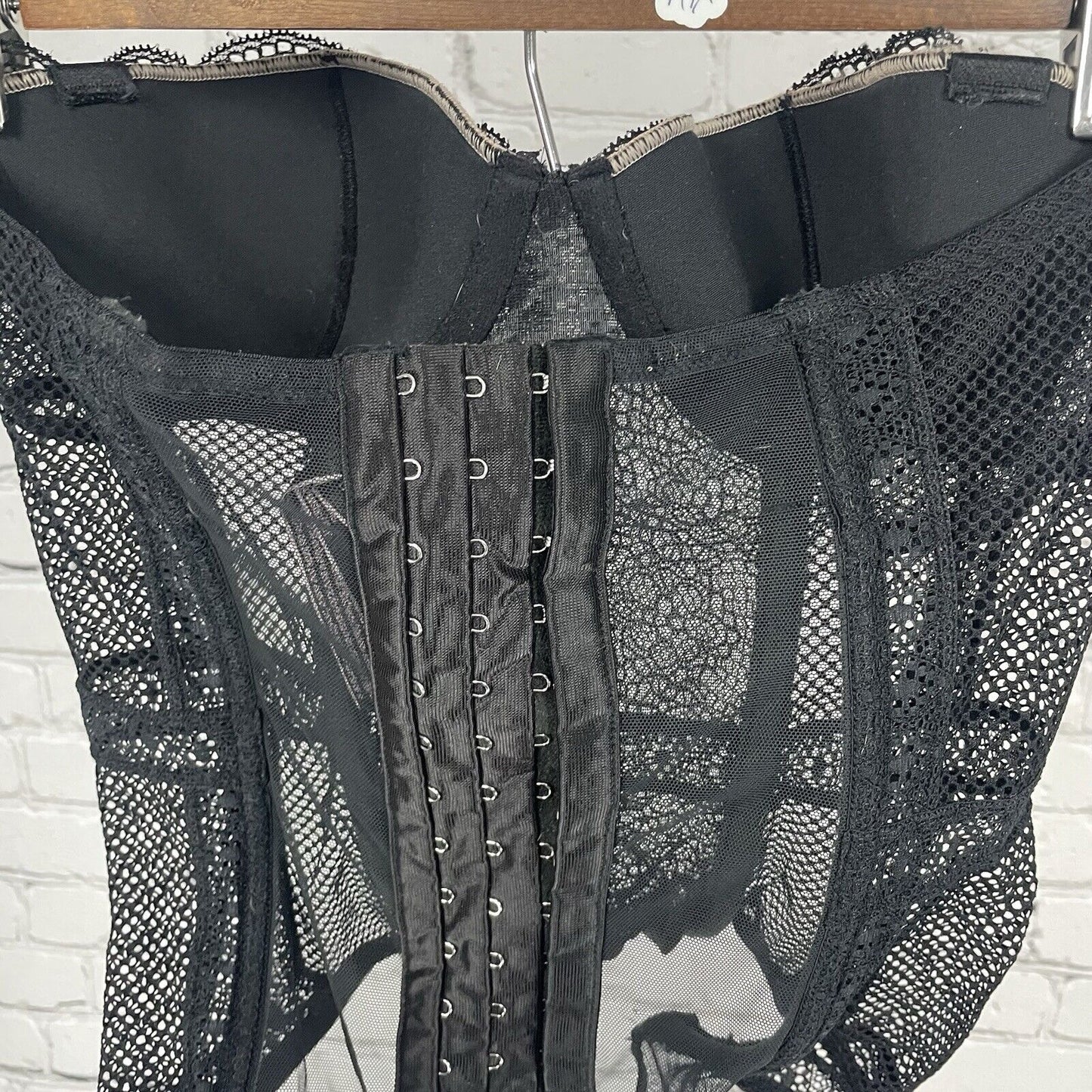 Victoria’s Secret Black Lace Mesh Wired Boned Balconette Bra Corset Size 32B