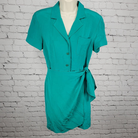 VTG Pat Argenti Green 100% Silk Short Sleeve Buttoned Wrap Tie Dress Size 6