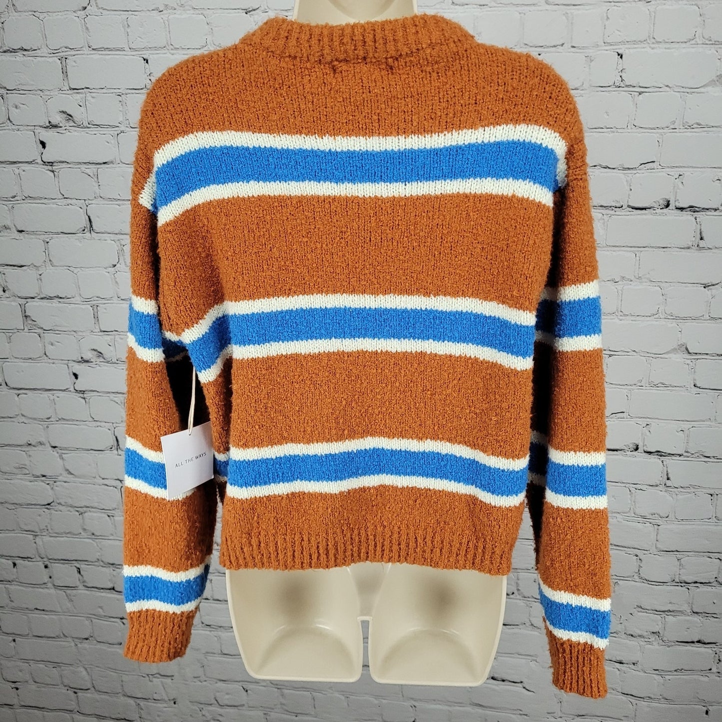 NWT All The Ways Orange Blue Striped Long Sleeve Pullover Sweater Small S