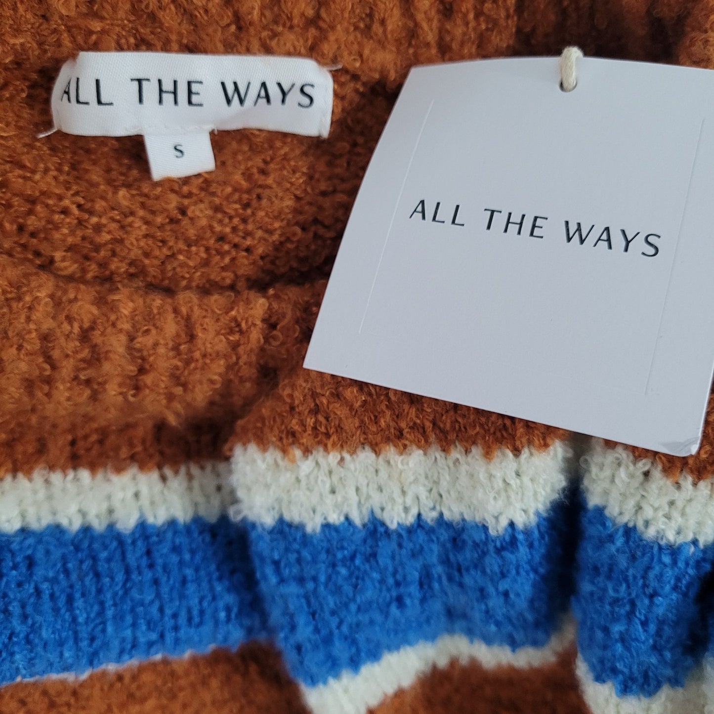 NWT All The Ways Orange Blue Striped Long Sleeve Pullover Sweater Small S