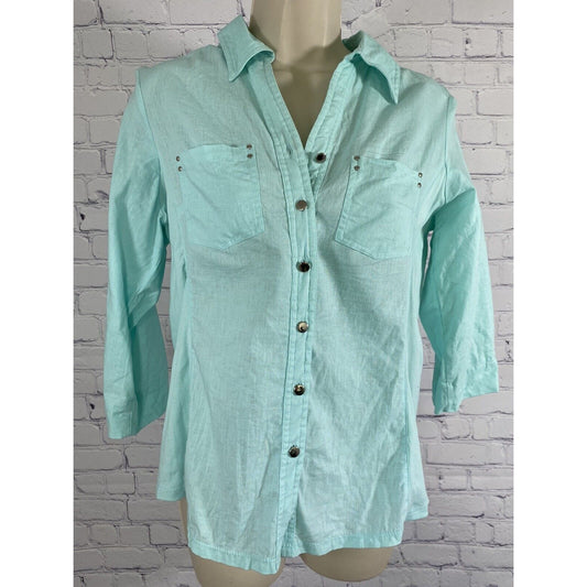 Cathy Teal 3/4 Sleeve Shiny Silver Button Up Pockets Size M Medium