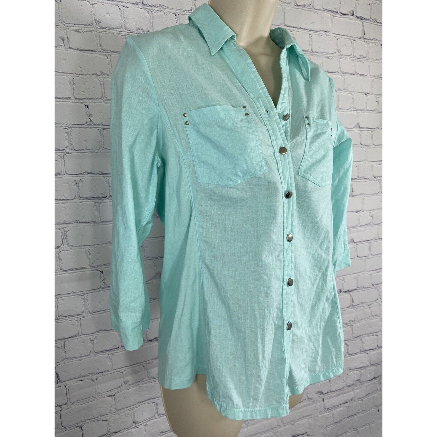Cathy Teal 3/4 Sleeve Shiny Silver Button Up Pockets Size M Medium