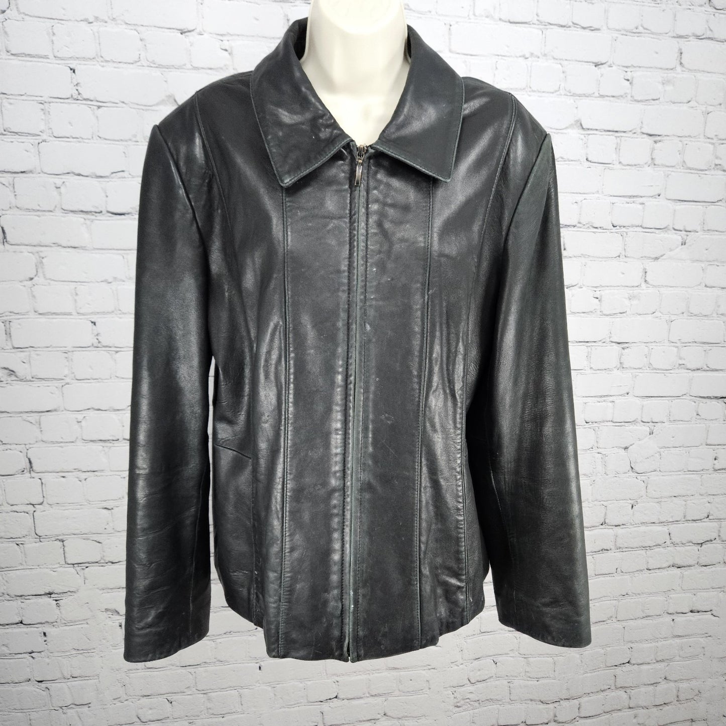 Nautica Black Leather Point Collared Pockets Full Zip Lined Classic Jacket XL
