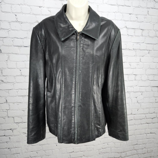 Nautica Black Leather Point Collared Pockets Full Zip Lined Classic Jacket XL
