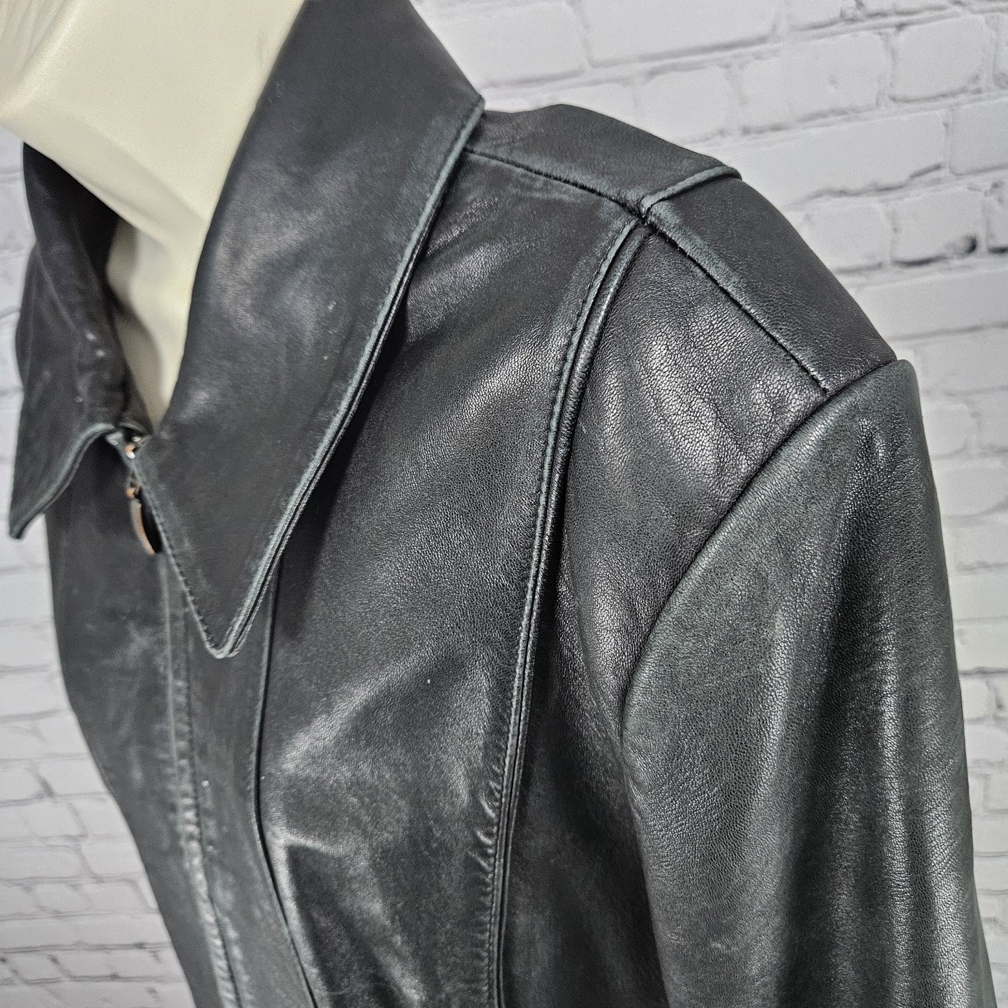 Nautica Black Leather Point Collared Pockets Full Zip Lined Classic Jacket XL