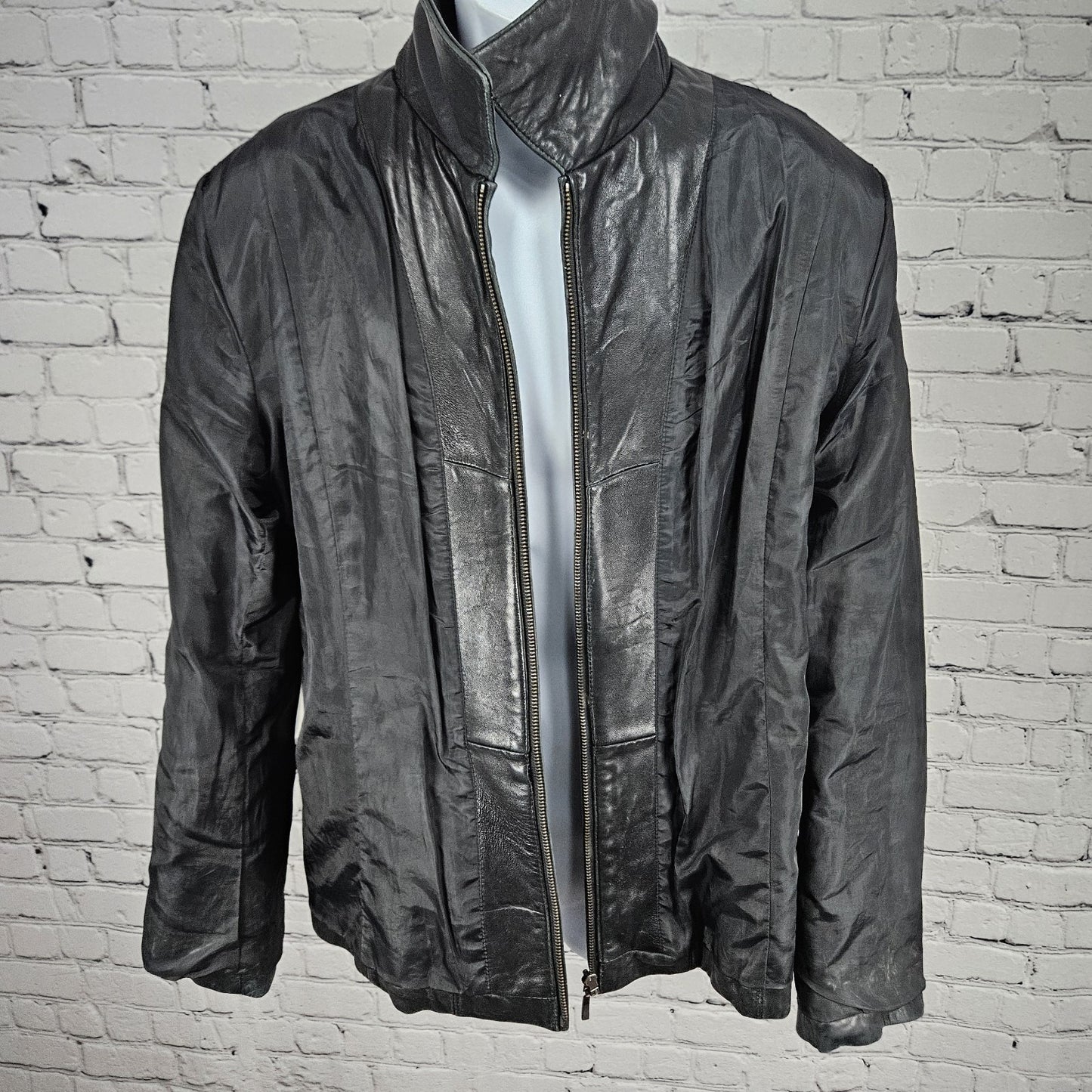 Nautica Black Leather Point Collared Pockets Full Zip Lined Classic Jacket XL