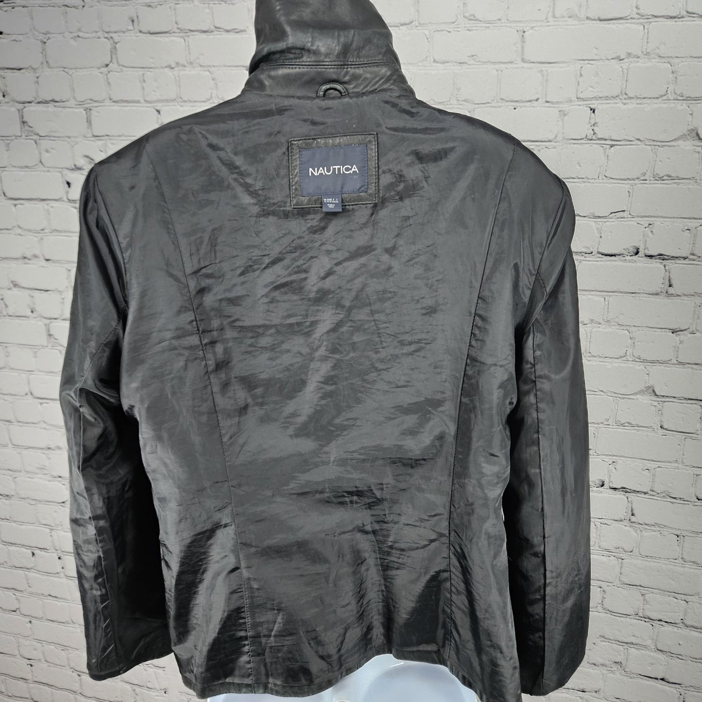 Nautica Black Leather Point Collared Pockets Full Zip Lined Classic Jacket XL