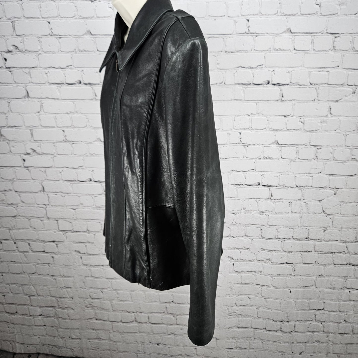 Nautica Black Leather Point Collared Pockets Full Zip Lined Classic Jacket XL