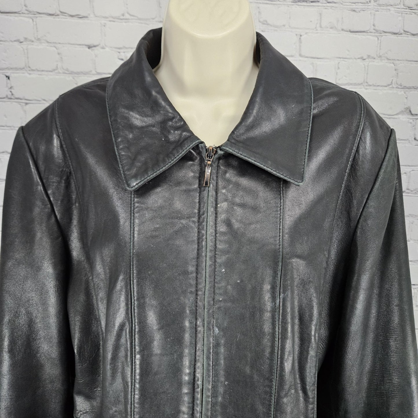 Nautica Black Leather Point Collared Pockets Full Zip Lined Classic Jacket XL