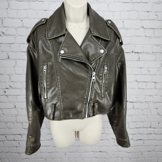 Zara Brown Faux Leather Moto Biker Cropped Full Zip Lined Jacket Medium M