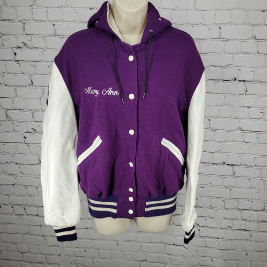 VTG DeLong Retro Purple Wool Hooded Varsity Letterman Jacket USA Made Size 40