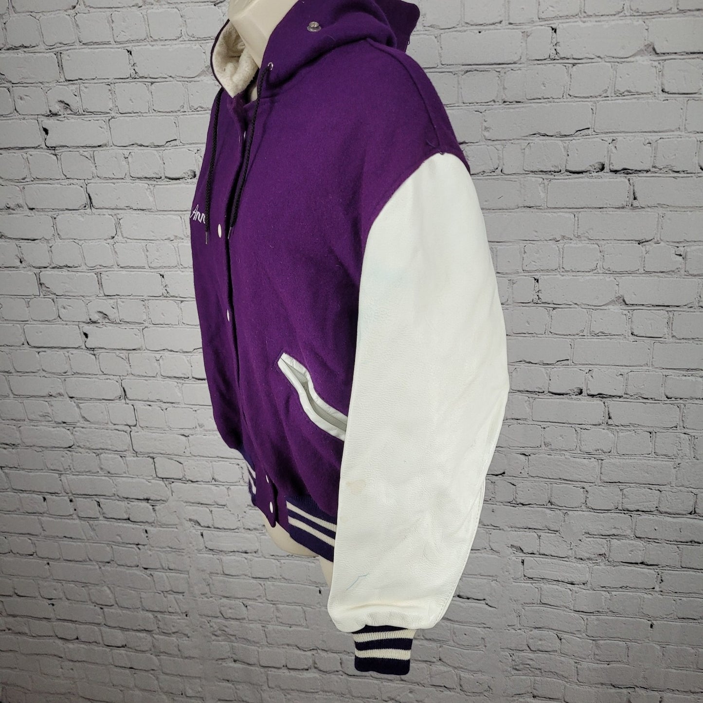 VTG DeLong Retro Purple Wool Hooded Varsity Letterman Jacket USA Made Size 40